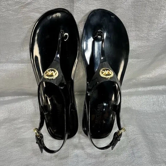 Michael Kors Mira Black Jelly Thong Sandals with Gold Lock Accent Women’s Size 9