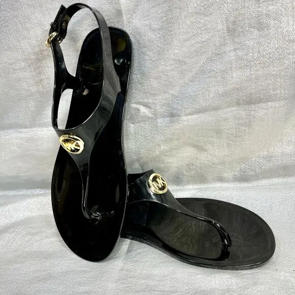 Michael Kors Mira Black Jelly Thong Sandals with Gold Lock Accent Women’s Size 9