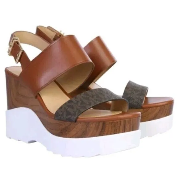 Michael Kors MK Women's Rhett‎ Leather Platform Wedge Sandals Size 10M Brown