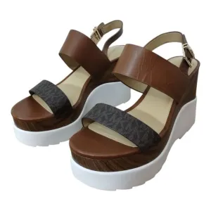 Michael Kors MK Women's Rhett‎ Leather Platform Wedge Sandals Size 10M Brown