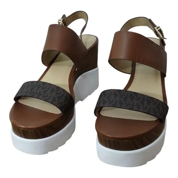 Michael Kors MK Women's Rhett‎ Leather Platform Wedge Sandals Size 10M Brown