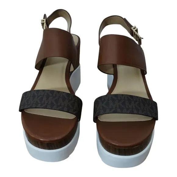 Michael Kors MK Women's Rhett‎ Leather Platform Wedge Sandals Size 10M Brown