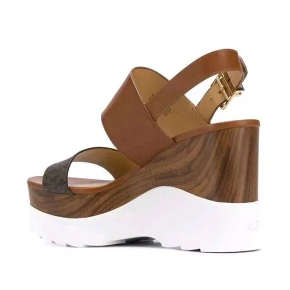 Michael Kors MK Women's Rhett‎ Leather Platform Wedge Sandals Size 10M Brown