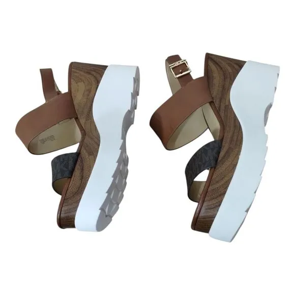 Michael Kors MK Women's Rhett‎ Leather Platform Wedge Sandals Size 10M Brown