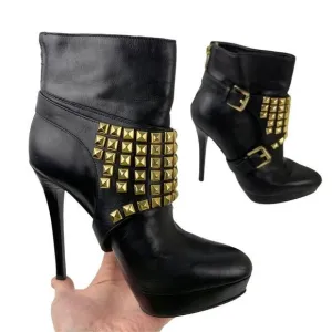 Michael Kors Rock and Roll Black Leather Gold Studs Harness Booties Boots 7M