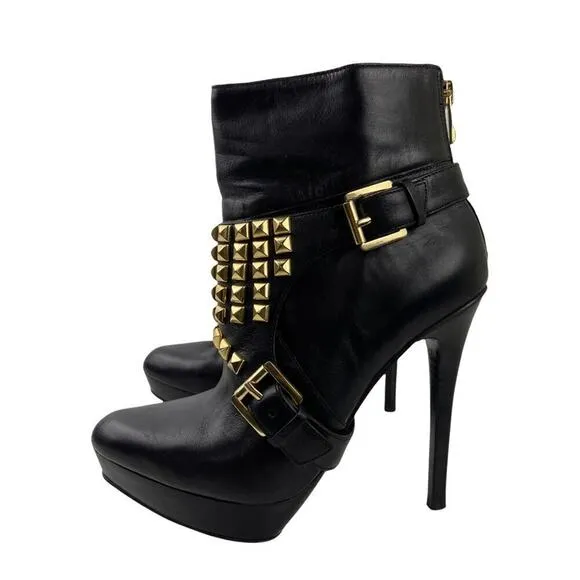 Michael Kors Rock and Roll Black Leather Gold Studs Harness Booties Boots 7M