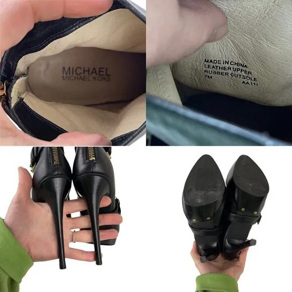 Michael Kors Rock and Roll Black Leather Gold Studs Harness Booties Boots 7M