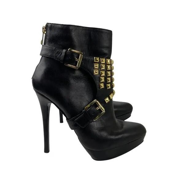 Michael Kors Rock and Roll Black Leather Gold Studs Harness Booties Boots 7M