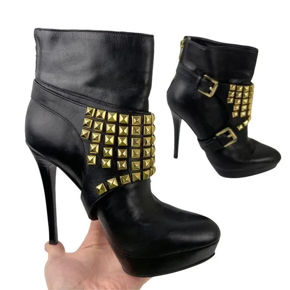 Michael Kors Rock and Roll Black Leather Gold Studs Harness Booties Boots 7M