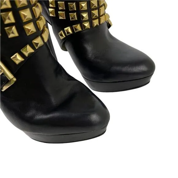 Michael Kors Rock and Roll Black Leather Gold Studs Harness Booties Boots 7M