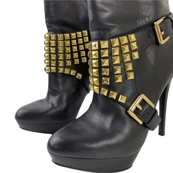 Michael Kors Rock and Roll Black Leather Gold Studs Harness Booties Boots 7M