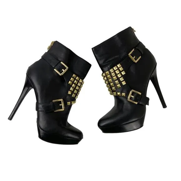 Michael Kors Rock and Roll Black Leather Gold Studs Harness Booties Boots 7M