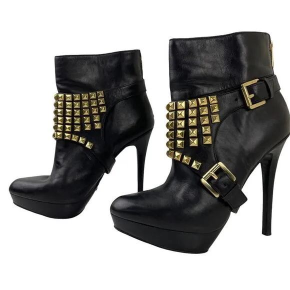 Michael Kors Rock and Roll Black Leather Gold Studs Harness Booties Boots 7M