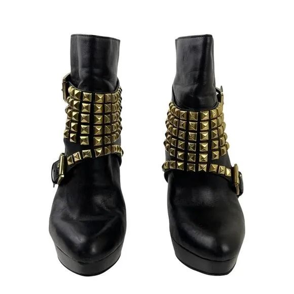 Michael Kors Rock and Roll Black Leather Gold Studs Harness Booties Boots 7M