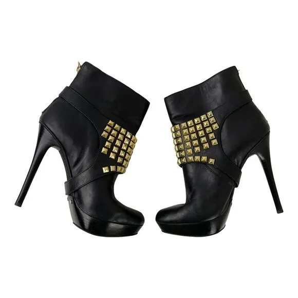 Michael Kors Rock and Roll Black Leather Gold Studs Harness Booties Boots 7M