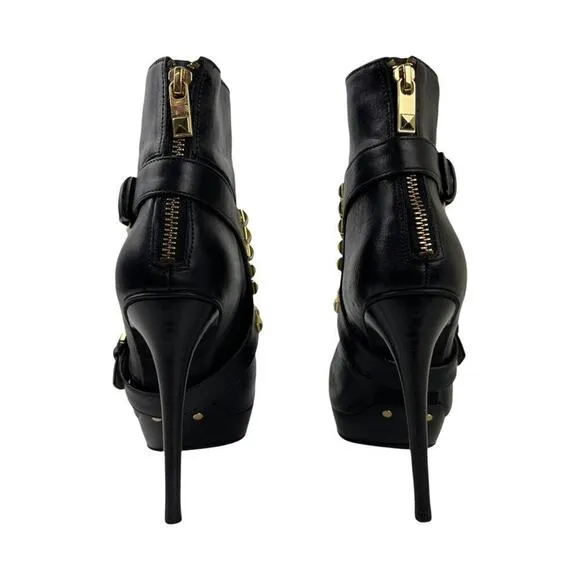 Michael Kors Rock and Roll Black Leather Gold Studs Harness Booties Boots 7M