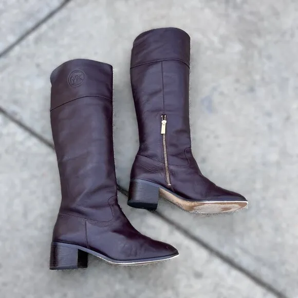 Michael Kors Sz 9.5 Dylyn Brown Boots Knee High Tall Leather Logo Women's