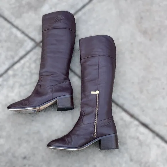Michael Kors Sz 9.5 Dylyn Brown Boots Knee High Tall Leather Logo Women's