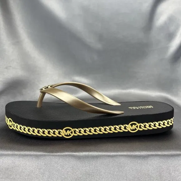 Michael Kors Women's 6 Logo Flip Flops Fashion Sandals Black/Gold RX24D MK Shoes