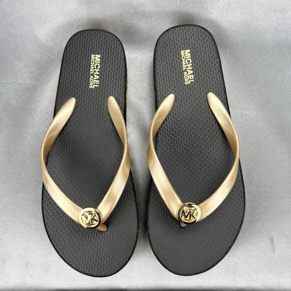 Michael Kors Women's 6 Logo Flip Flops Fashion Sandals Black/Gold RX24D MK Shoes