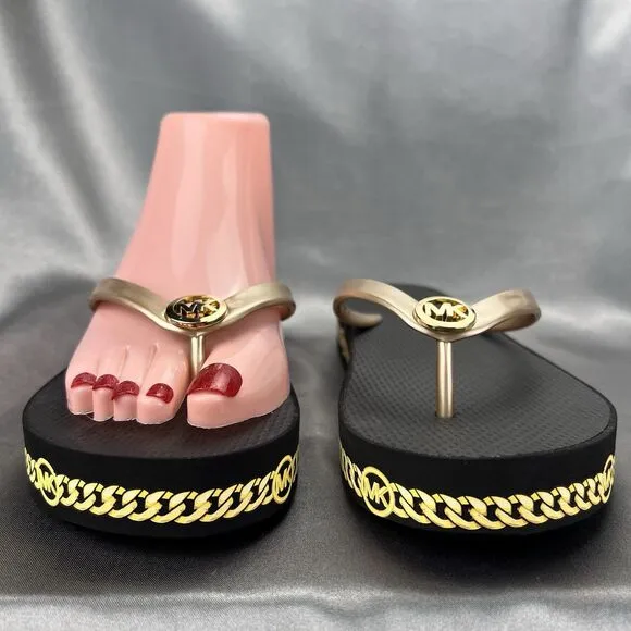 Michael Kors Women's 6 Logo Flip Flops Fashion Sandals Black/Gold RX24D MK Shoes