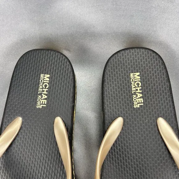 Michael Kors Women's 6 Logo Flip Flops Fashion Sandals Black/Gold RX24D MK Shoes