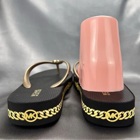 Michael Kors Women's 6 Logo Flip Flops Fashion Sandals Black/Gold RX24D MK Shoes