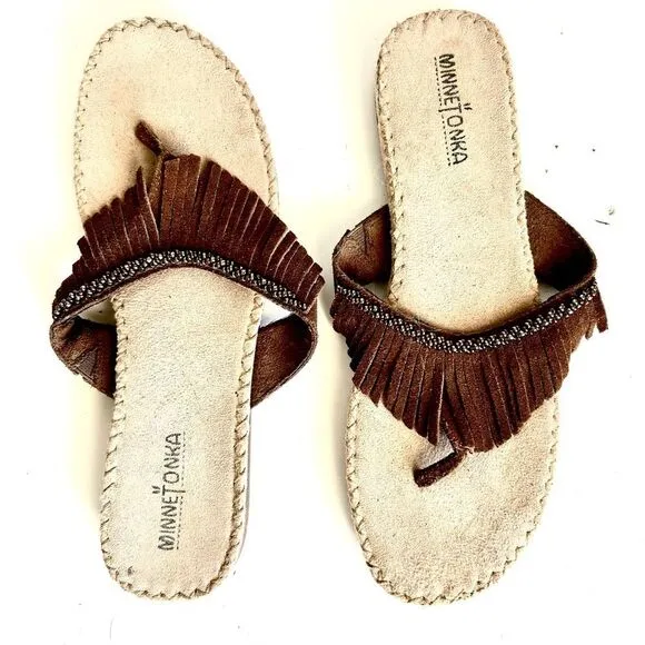 Minnetonka Brown Fringe Suede Sandals