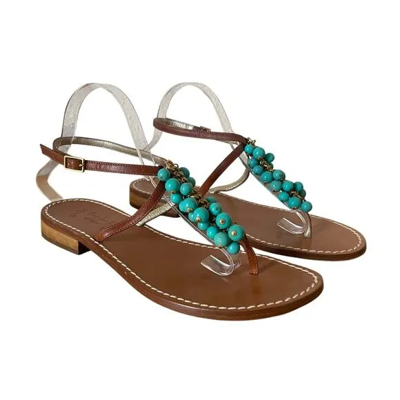 Miss Trish of Capri Turquoise &amp; Gold Beaded Leather Sandals Size 39.5/ US 9.5