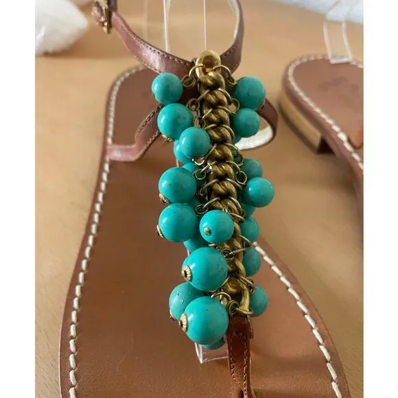 Miss Trish of Capri Turquoise &amp; Gold Beaded Leather Sandals Size 39.5/ US 9.5