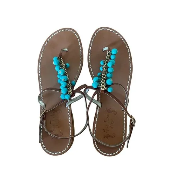 Miss Trish of Capri Turquoise &amp; Gold Beaded Leather Sandals Size 39.5/ US 9.5