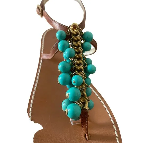 Miss Trish of Capri Turquoise &amp; Gold Beaded Leather Sandals Size 39.5/ US 9.5