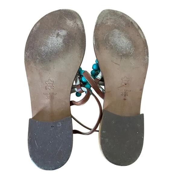Miss Trish of Capri Turquoise &amp; Gold Beaded Leather Sandals Size 39.5/ US 9.5