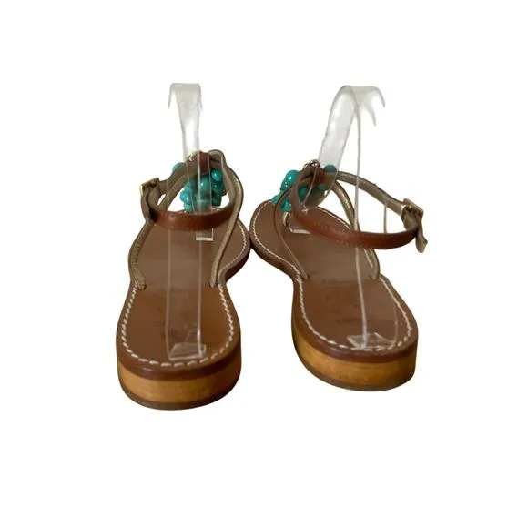 Miss Trish of Capri Turquoise &amp; Gold Beaded Leather Sandals Size 39.5/ US 9.5