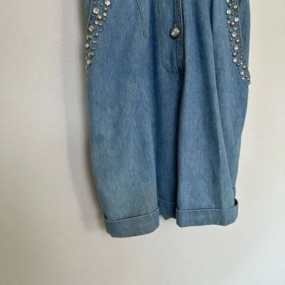 Monique Fashions Women’s Silver Tone Glitzy Studded Denim Short Button Front Rom