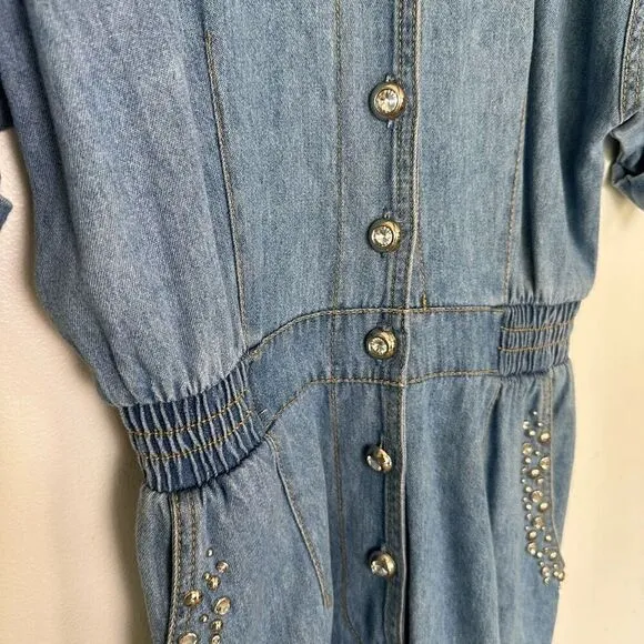 Monique Fashions Women’s Silver Tone Glitzy Studded Denim Short Button Front Rom