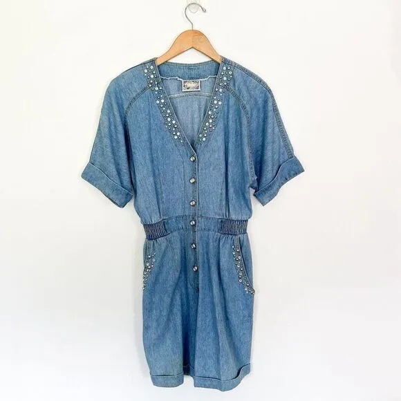 Monique Fashions Women’s Silver Tone Glitzy Studded Denim Short Button Front Rom
