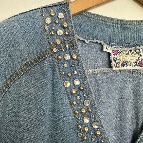 Monique Fashions Women’s Silver Tone Glitzy Studded Denim Short Button Front Rom