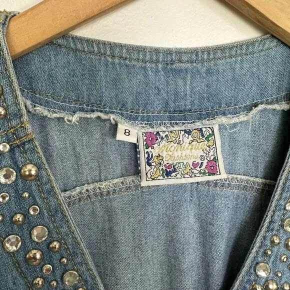 Monique Fashions Women’s Silver Tone Glitzy Studded Denim Short Button Front Rom
