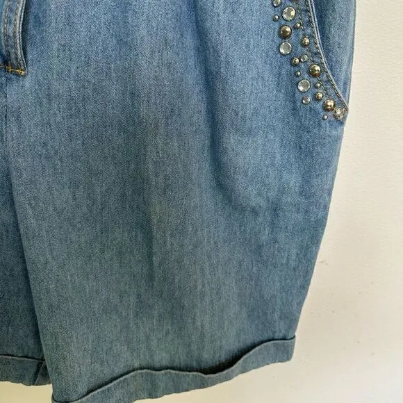 Monique Fashions Women’s Silver Tone Glitzy Studded Denim Short Button Front Rom
