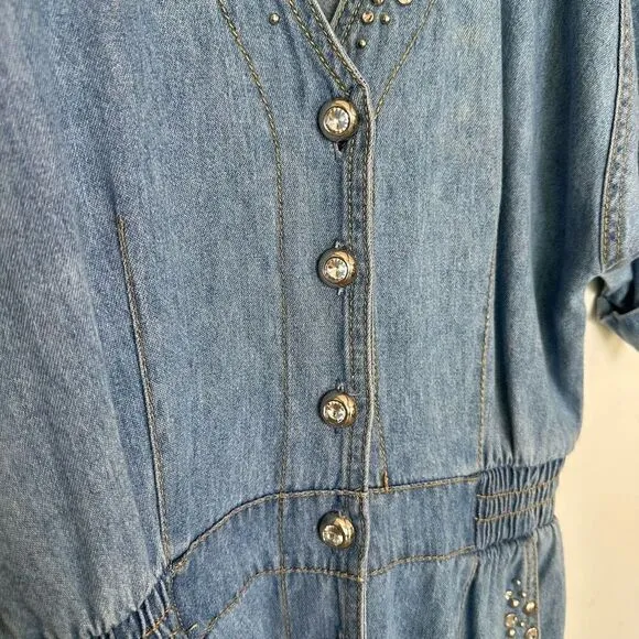 Monique Fashions Women’s Silver Tone Glitzy Studded Denim Short Button Front Rom