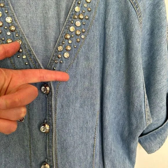 Monique Fashions Women’s Silver Tone Glitzy Studded Denim Short Button Front Rom