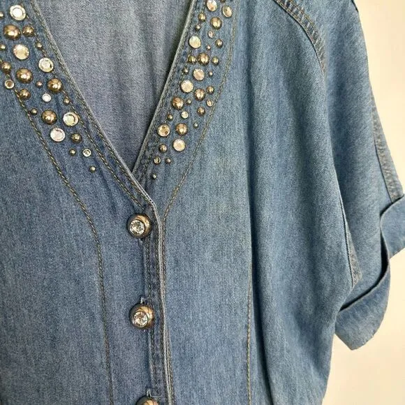 Monique Fashions Women’s Silver Tone Glitzy Studded Denim Short Button Front Rom