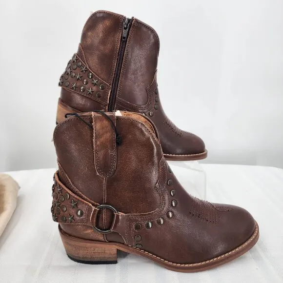 MYRA BAG Calido Cannes Distressed Leather Brown Short Harness Bootie 6-11 NWT