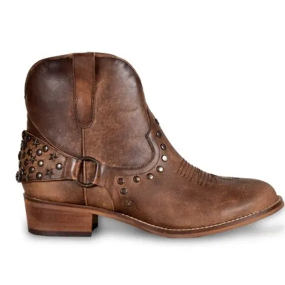 MYRA BAG Calido Cannes Distressed Leather Brown Short Harness Bootie 6-11 NWT