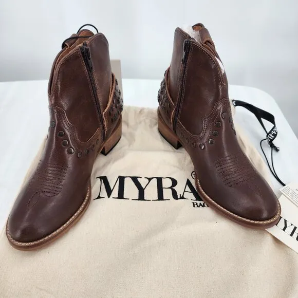 MYRA BAG Calido Cannes Distressed Leather Brown Short Harness Bootie 6-11 NWT