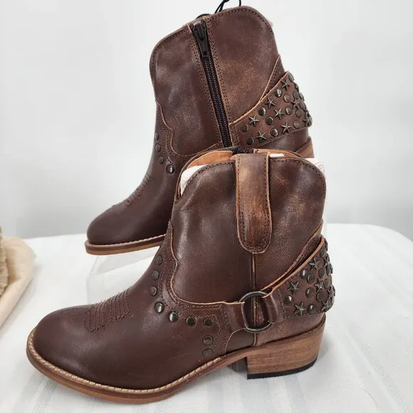 MYRA BAG Calido Cannes Distressed Leather Brown Short Harness Bootie 6-11 NWT