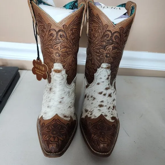 MYRA BAG Kelsey Short Cowboy Boots Brown Hair On Hide Size 10 NWT