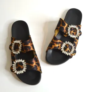 Mystique Crystal Jeweled Slide Sandals Cheetah Print Tan Black Women's 7