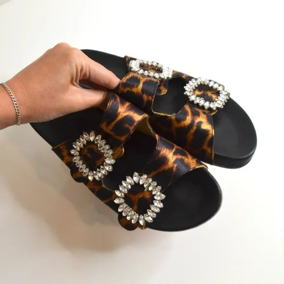 Mystique Crystal Jeweled Slide Sandals Cheetah Print Tan Black Women's 7